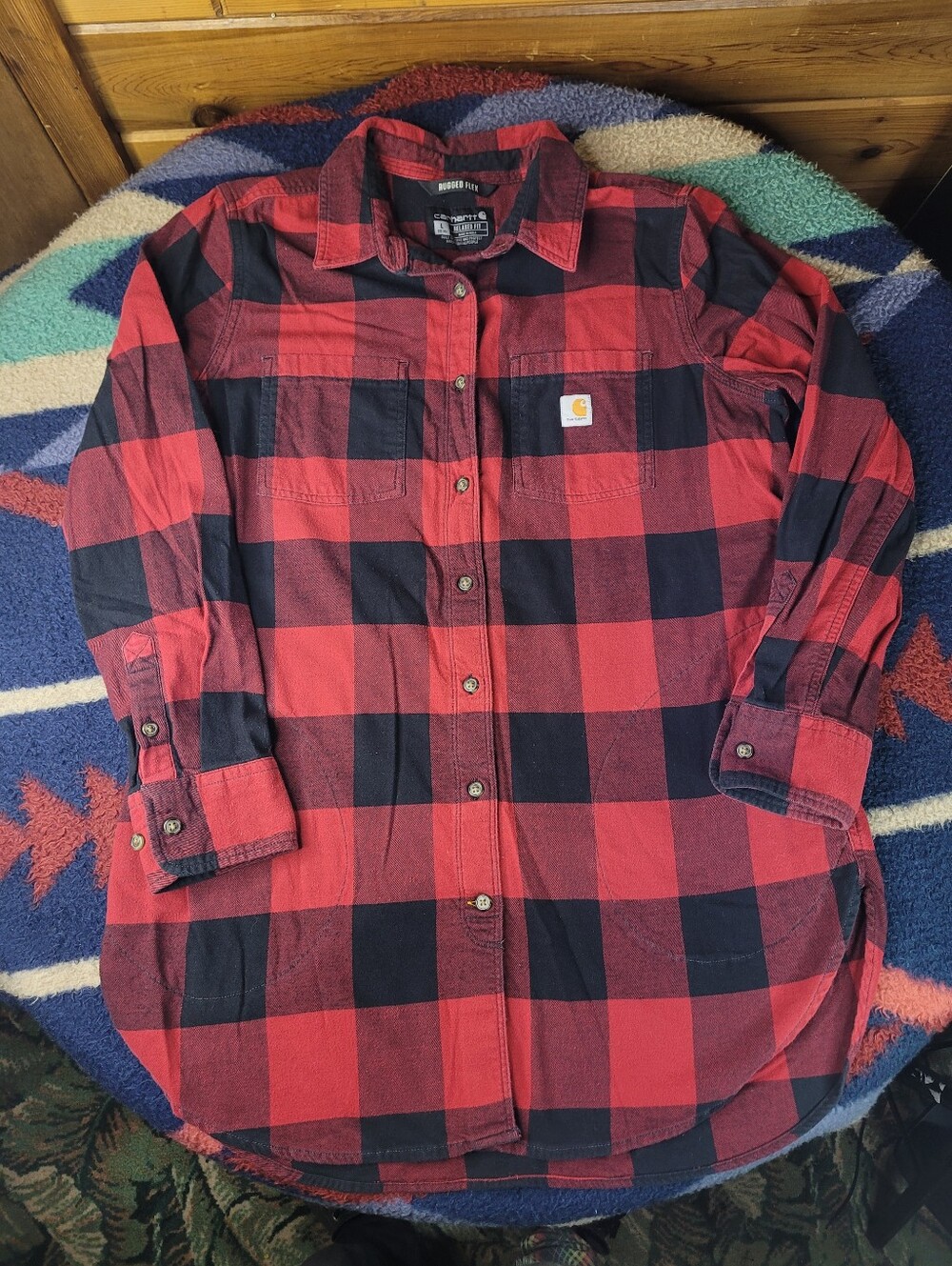 Carhartt Rugged Flex Flannel Shirt Womens Large 12/14 Red Plaid Button Up L/S